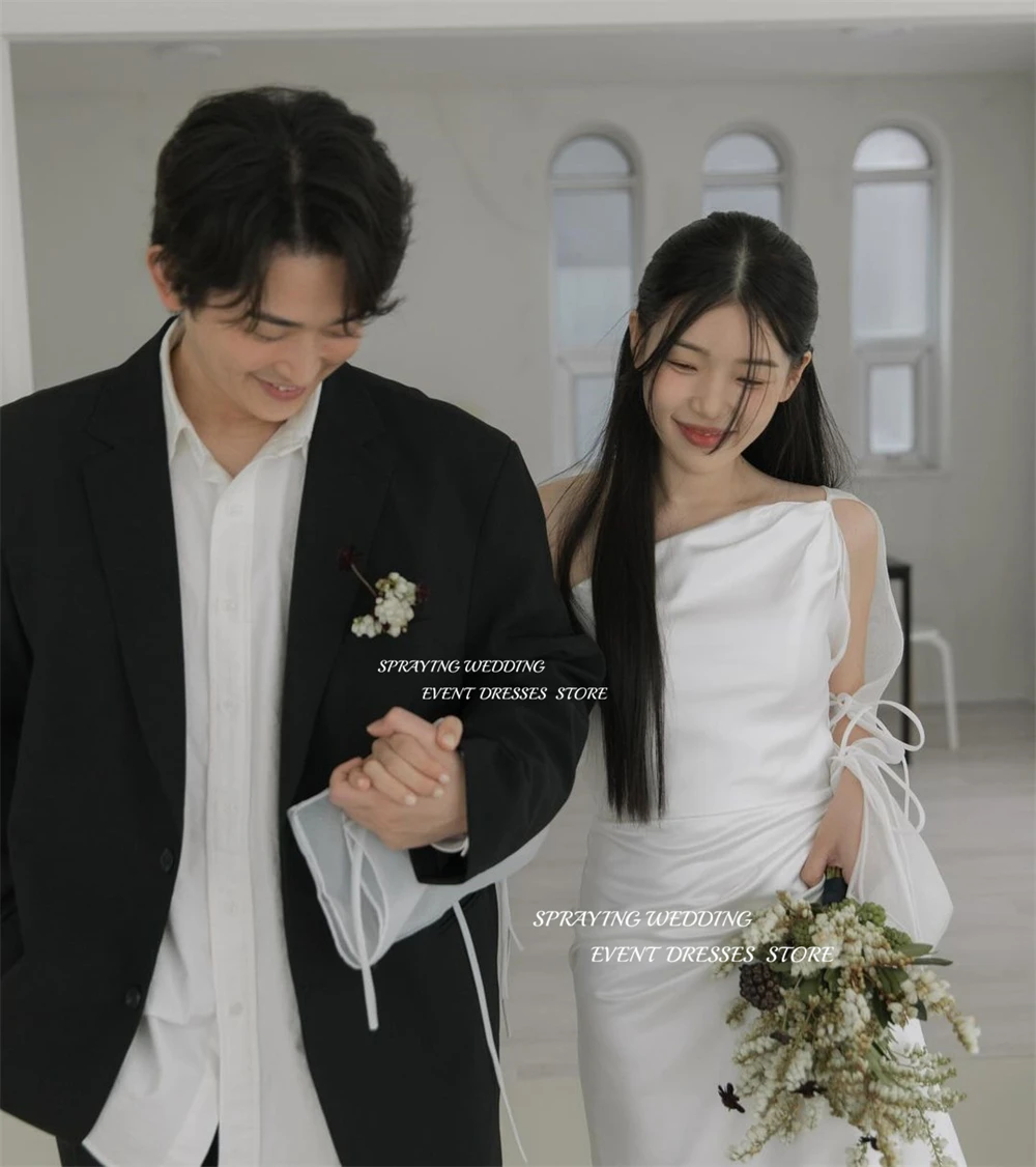 SPRAYING Simple One Shoulder Korea Wedding Dress Photo Shoot A Line Soft Satin Bridal Gown Floor Length 웨딩드레스 Custom Made