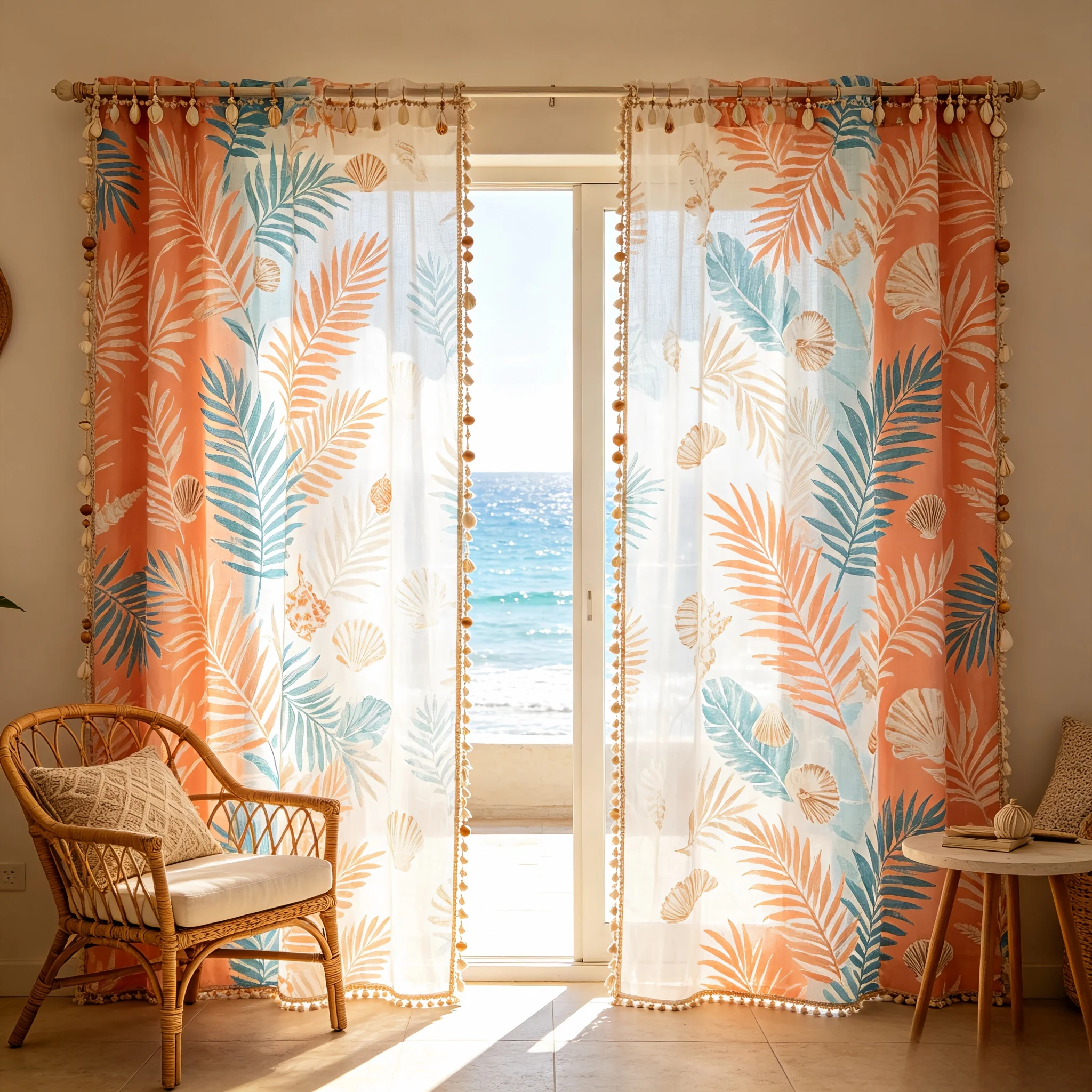 200389   Tropical Shell Printed Lightweight Cotton Yarn Curtains