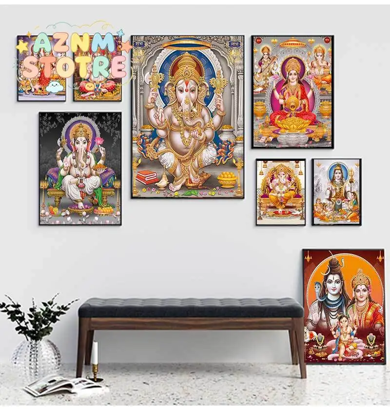 India Hindu Golden Ganesha Temple Poster Shiva Parvati Painting Canvas Prints Elephant God Religion Picture Room Hoom Wall De