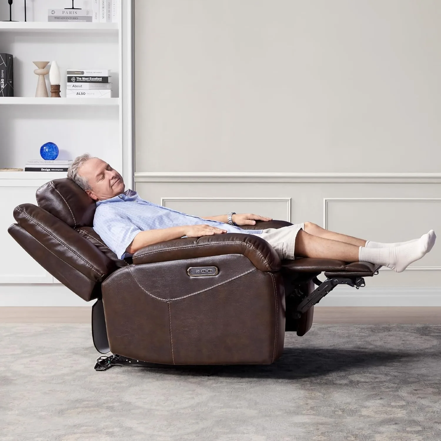 Genuine Leather Power Recliner Chairs for Adults, Wall Hugger RV Recliner with Power Headrest & Charging Ports, Dark Brown