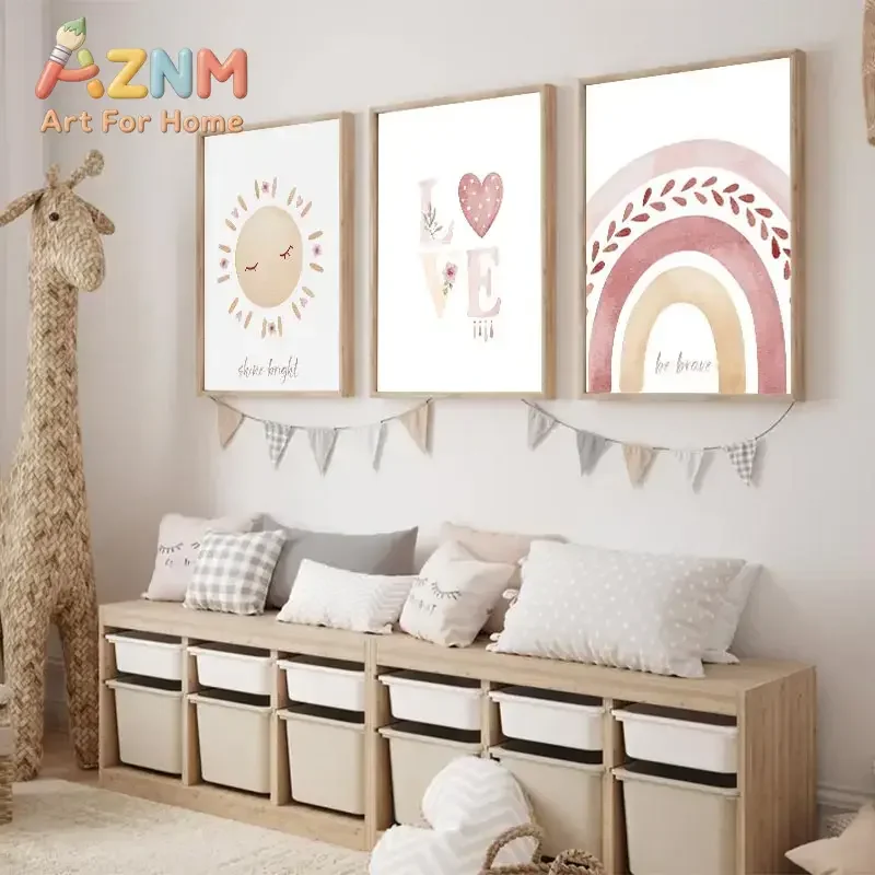Bohemian Style Rainbow Series Canvas Painting Pink Sun Love Heart Cosy Wall Art Girls Bedroom Trend Decoration Unframed Poster