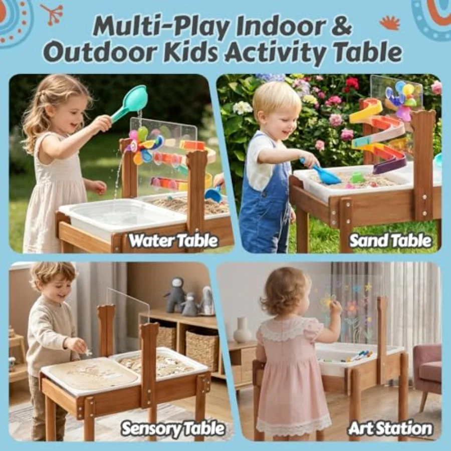 Outdoor sand and water table for toddlers: 4-in-1 wooden sensory activity table with collapsible bins, acrylic board, dinosaur
