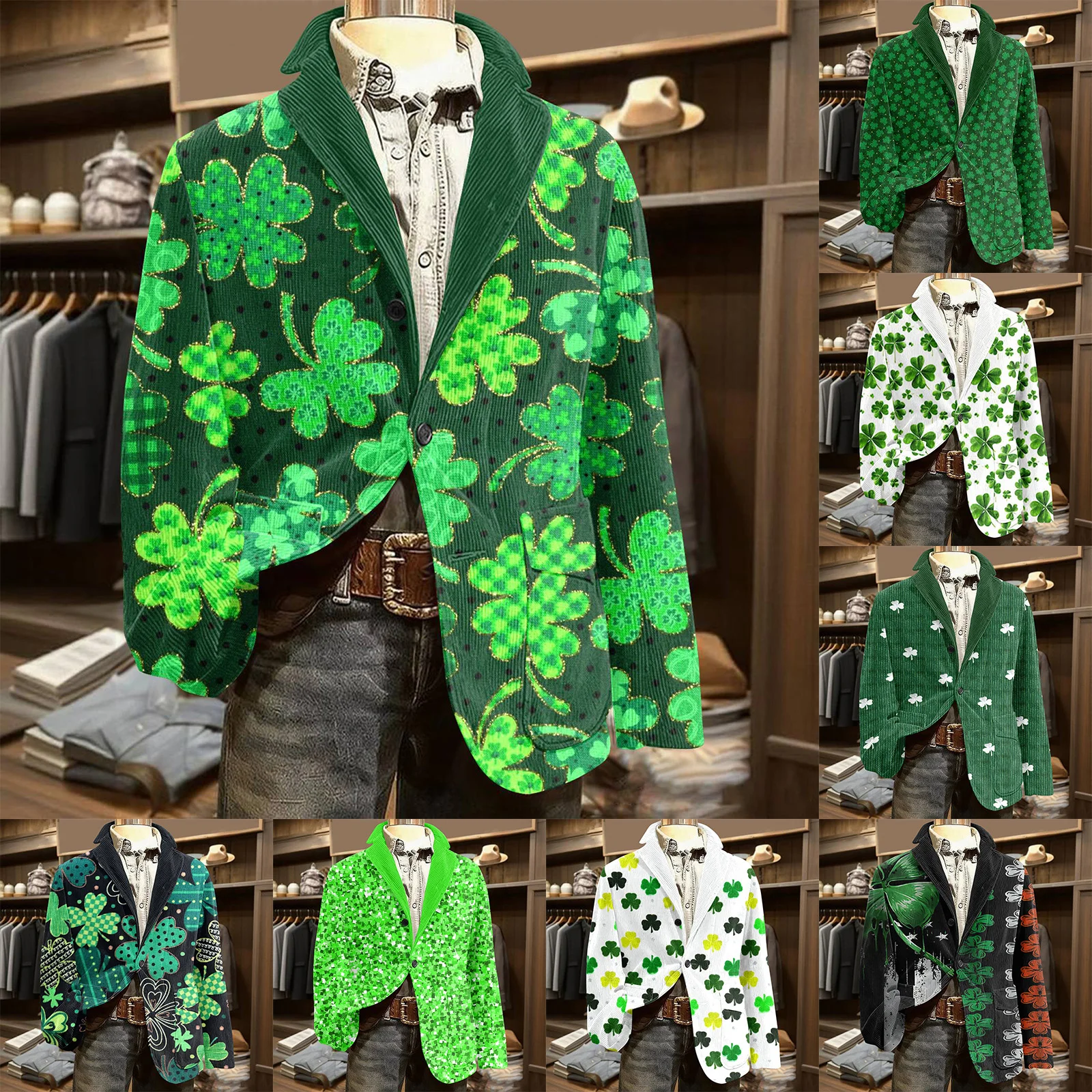

Winter Warm Jacket Men St. Patrick'S Print Streetwear Loose Coats Button-Down Suit Jacket Men'S Pockets Outwear Men Clothing