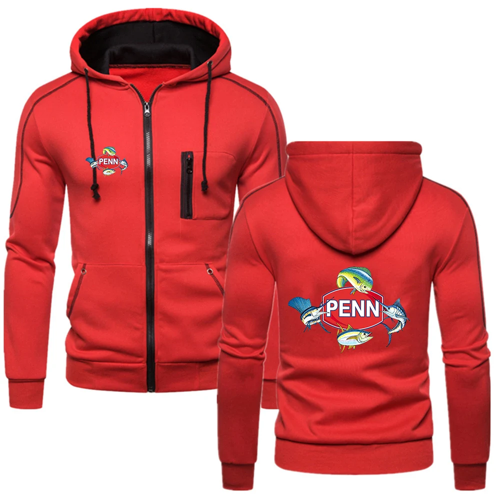 2024 Spring Autumn Mens Penn Fishing Reel Logo Print Solid Color Classic Zipper Casual Comfortable Long Sleeve Hooded Sweatshirt