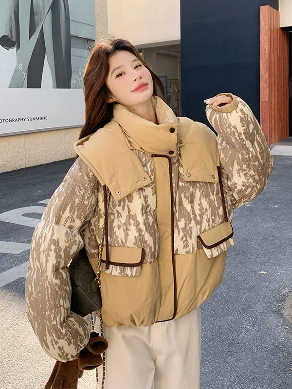 Color Blo Hooded ort down Jaet Women's Faionable Warm Thi Outerwear Winter Casual Loose Fit Zipper ket Design