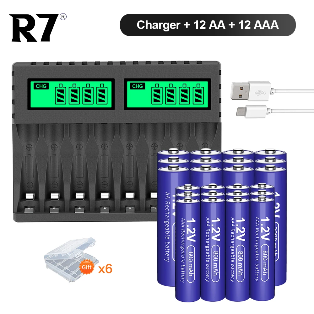 

R7 12pcs AA and 12pcs AAA 1.2V NiMH Rechargeable Battery AA Batteries 2000mAh AAA Battery 800mAh + 8-Slot Fast Battery Charger