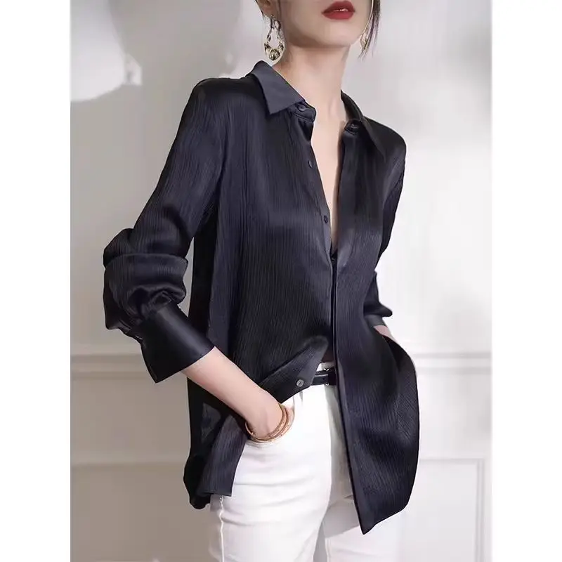 Women\'s Shirts Spring New Black Satin Texture Loose Long-sleeved Blouse Elegant Office Lady Work Wear Fashion Female Clothing