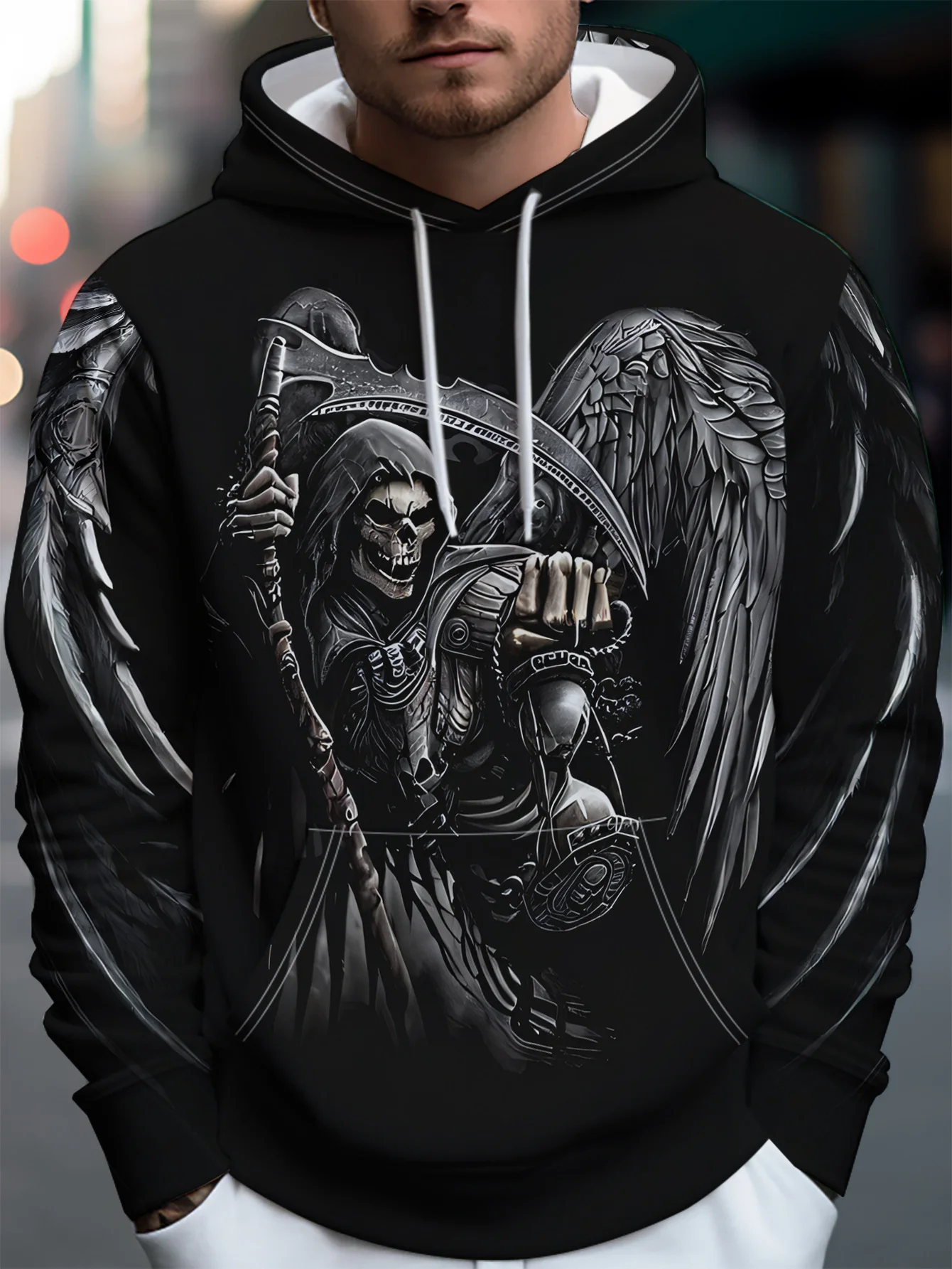 Customization Men's Skull Grim Reaper Holding A Scythe And Lantern Standing Among Wings Digital Print Pullover Hooded Sweatshirt