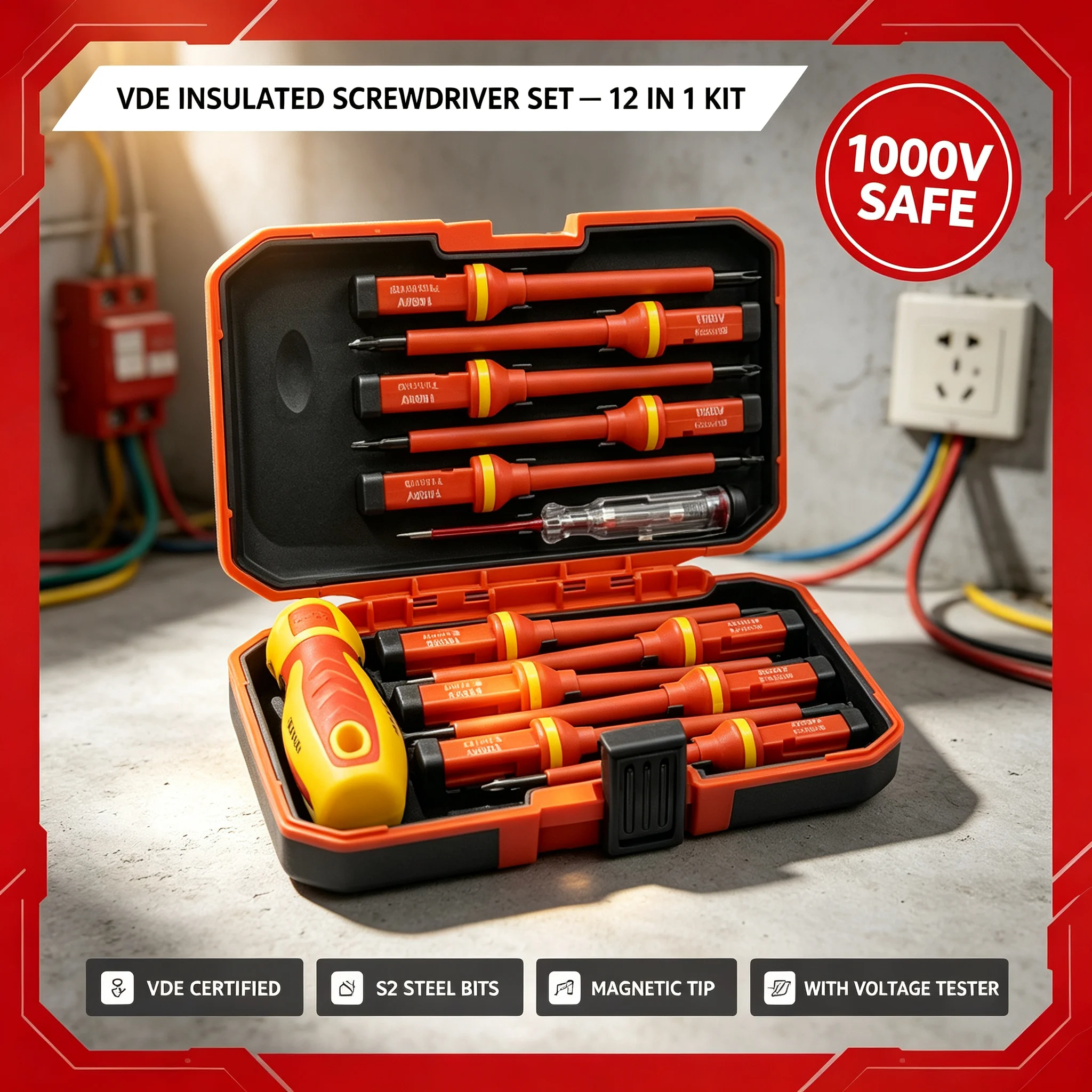 13PCS 1000V Insulated Screwdriver Set Electrician Repair Tool Kit with Magnetic Slotted Bits Changeable Insulated Handle