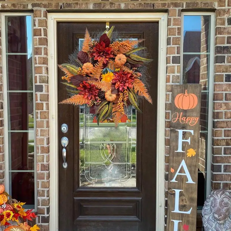 

Fall Wreath For Front Door Pine Cone Pumpkin Halloween Wreath Festival Decorative Wreath With Pumpkin Dahlias Magnolia Leaves