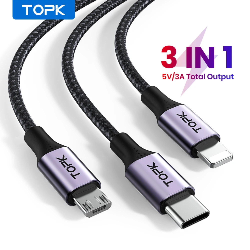 

TOPK AS10 3A Fast Charging 3 In 1 USB Cable For iPhone Huawei Samsung Xiaomi Micro Charger Cable Port Multiple Usb Charging Cord