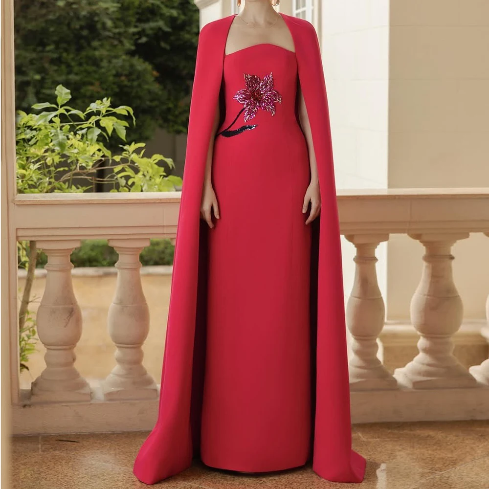 

Customized A-line Evening Dresses Floor-length Square Collar Sleeveless Prom Gown Fashion Crystal Flowers Stole Party Gown