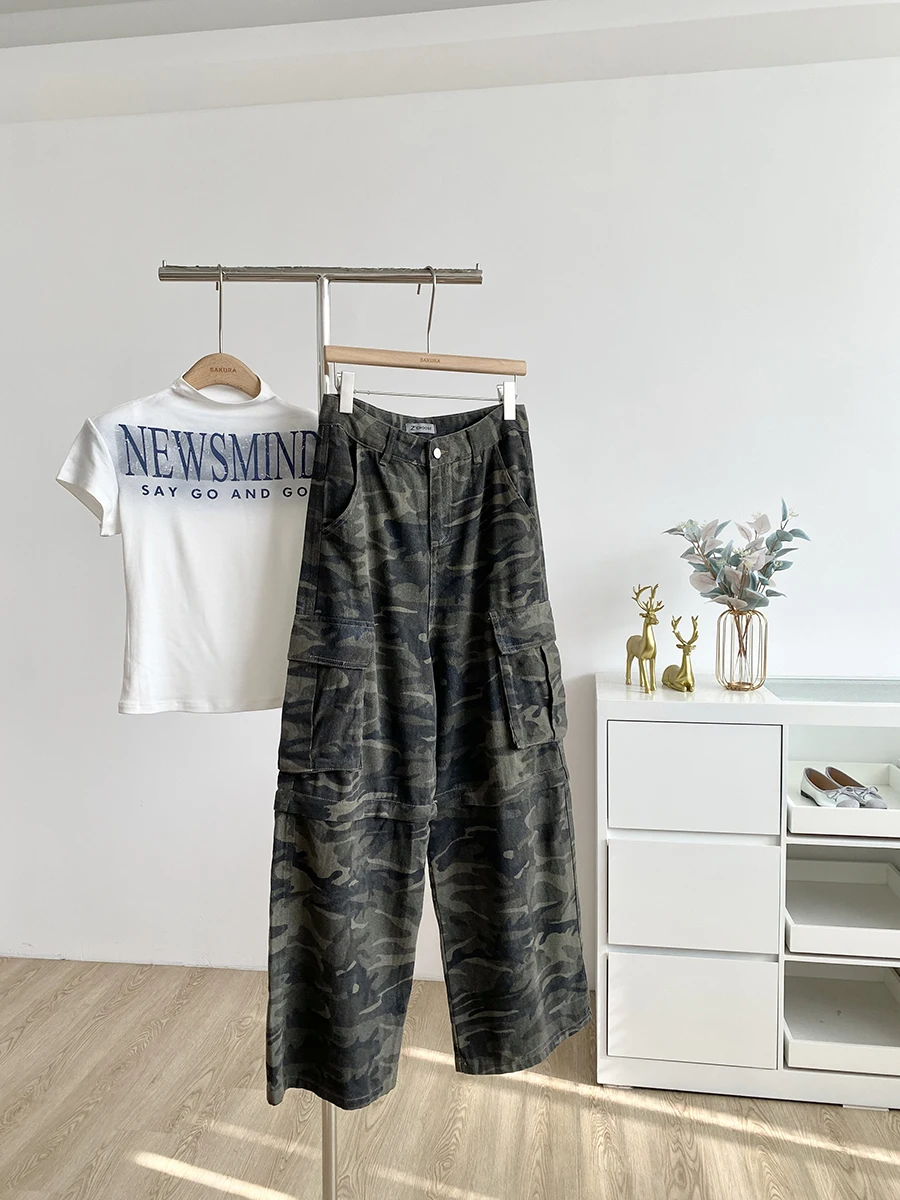 

High Waist Camouflage Work Pants Retro American Design Spicy Girl Slim Fit Denim Women's Fashion Commute Autumn 2025
