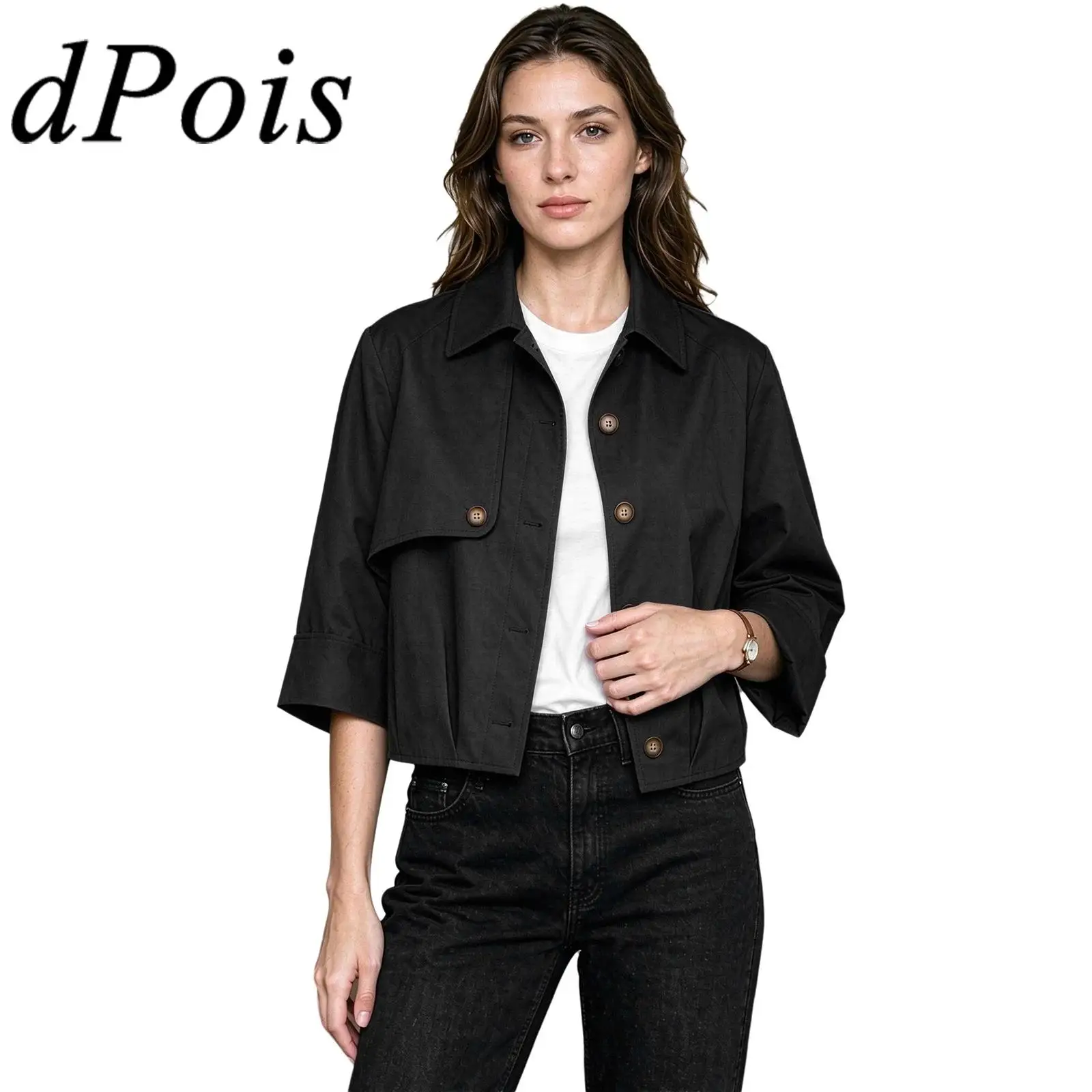 Autumn Spring Women Coat Casual Daily Clothes Adults Turn-down Collar 3/4 Sleeves Button Jacket Outerwear Fashion Streetwear