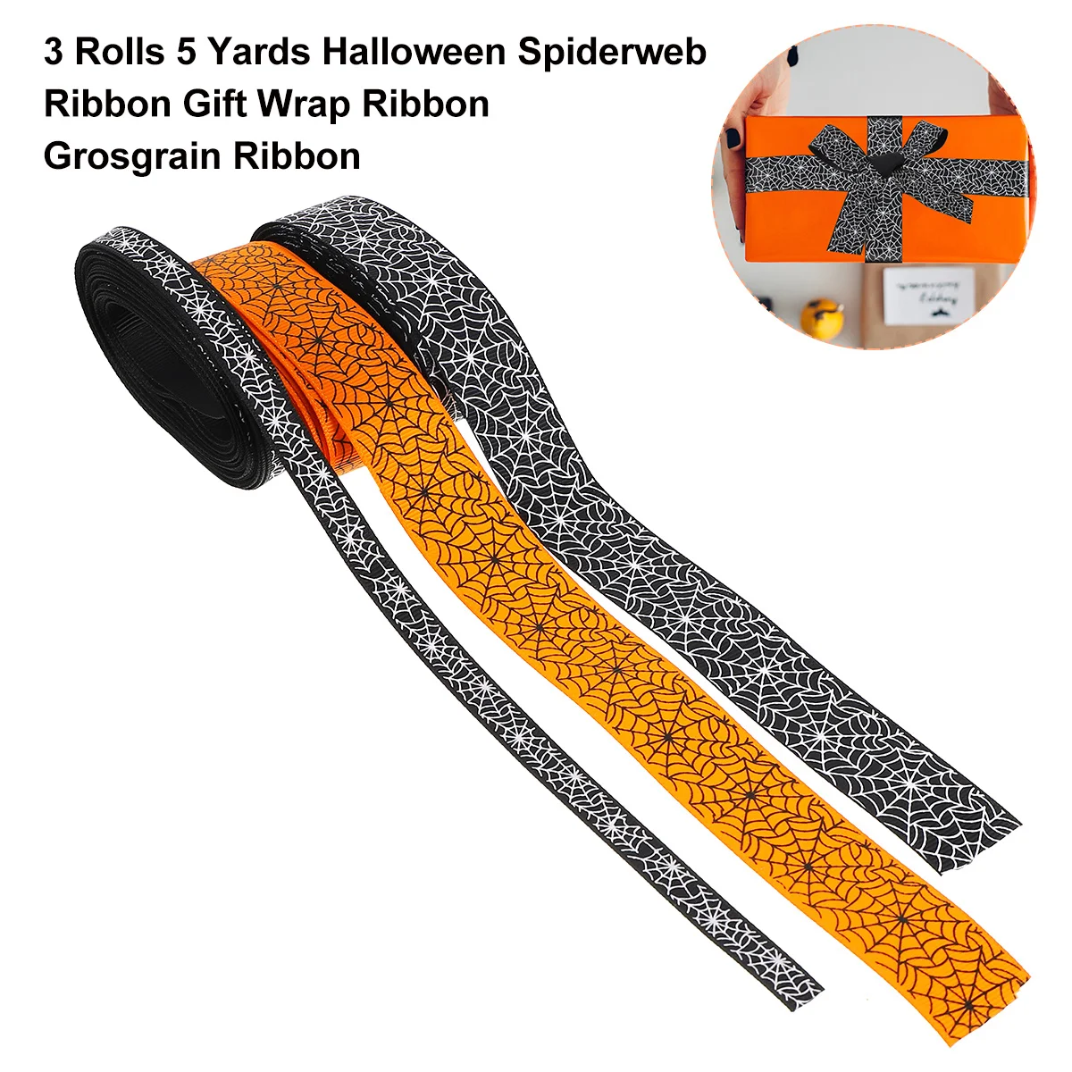 

3 Rolls 5 Yards Halloween Ribbon Belt Lifelike Cobwebs Pattern Washable Eco-Friendly Diy Grosgrain Ribbon For Gift Wrap Hair Bow