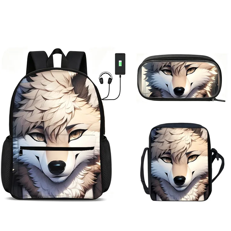 Wolf 3Pcs Set Large-capacity Backpack School Bag Withshoulder Bag Pencil Case Lightweight Large Capacity Multi-function