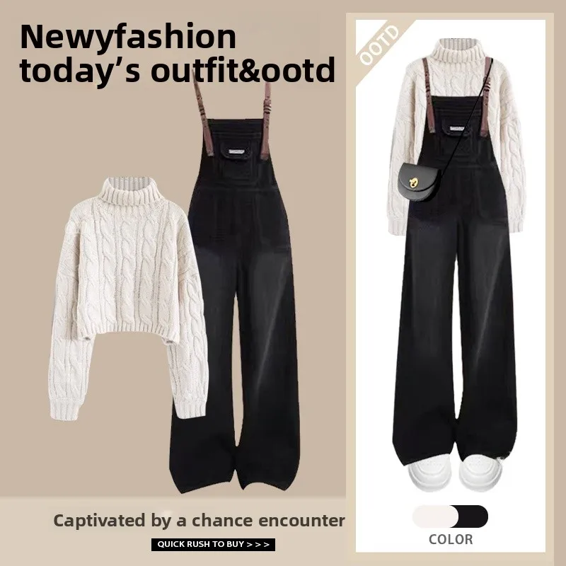 

Faionable Knitted Twisted Sweater High Collar Straight Leg Pants Set Polyester Fiber Long Sve round Ne Two Piece Suit