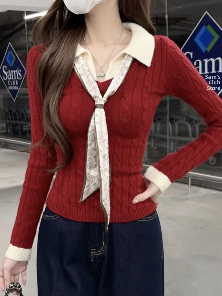 Suéter de punto Retro rojo Thiened Long Sve con bufanda, diseño de lazo torcido, Top de lana informal ajustado para otoño e invierno para mujer
