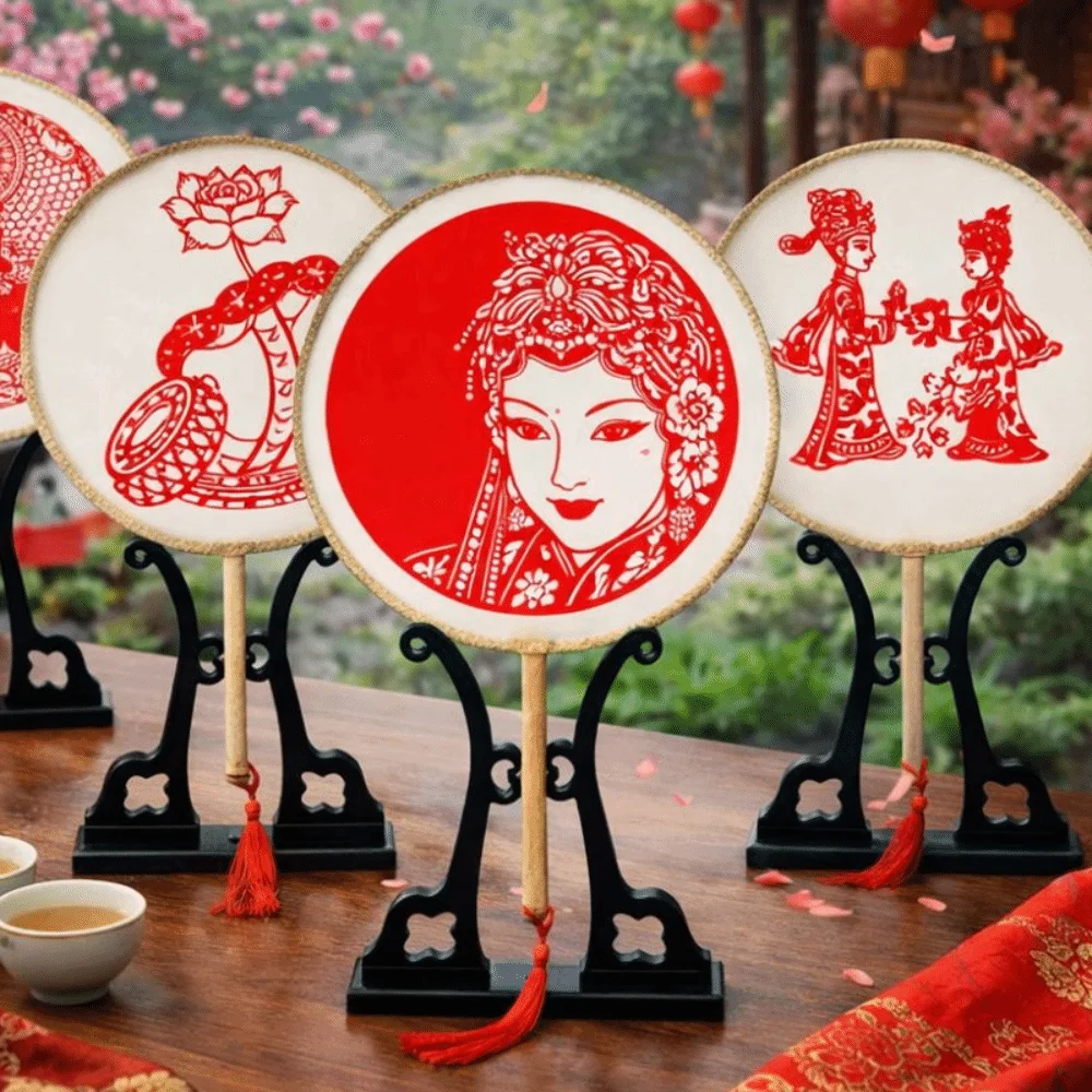Decorative Fan Vintage Chinese Paper-cut Fan Artistic Silk Long Handled Round Hand Fan with Tassel Classical Fan Wedding Party