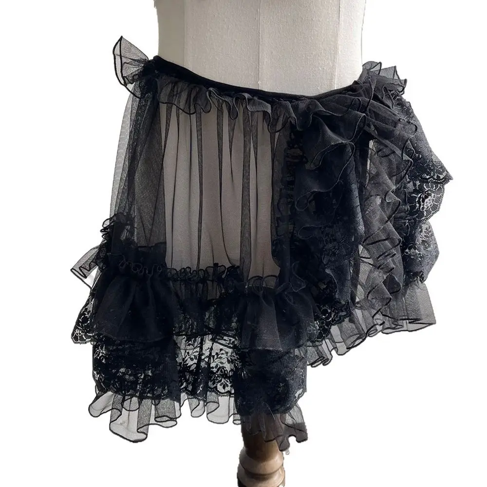 Versatile White Black Lolita Short Shawl Lace Mesh Sheer Princess Capes Cardigan Open Front Ruffles Ace Mesh Skirt Women view 5