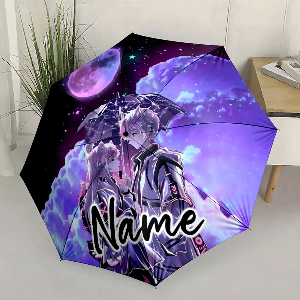 Custom Name  Romantic Anime Umbrella with Mystical Moon Design Print 8 Iron Ribs Folding Umbrella Auto-Open Fashion Sunshade