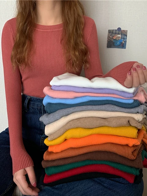 Nowy damski sweter na jesień i zimę 2026, z długim rękawem, podstawowy top, modny sweter z okrągłym dekoltem, elastyczny, damski, zimowy, jednolity, dzianinowy sweter.