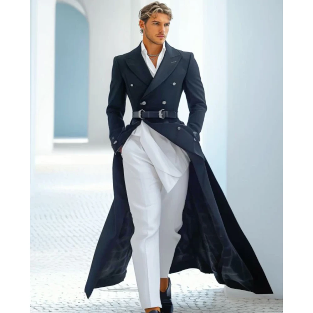 

Slim Fit Men Suit 2 Pieces(Long Jacket+Pants) Boardroom-essential Set Double-breasted Peak-lapel Suit for Formal Occasions