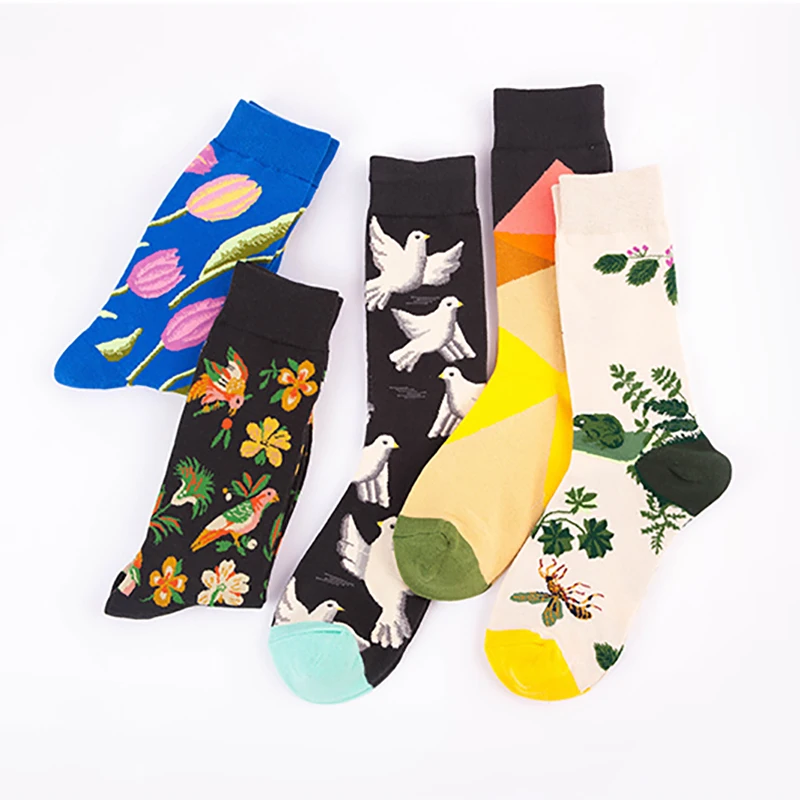 1 Pair Combed Cotton New Fashion Men Women Socks Harajuku Cartoon Flower Socks Skateboard Breathable Casual Socks Funny Sokken