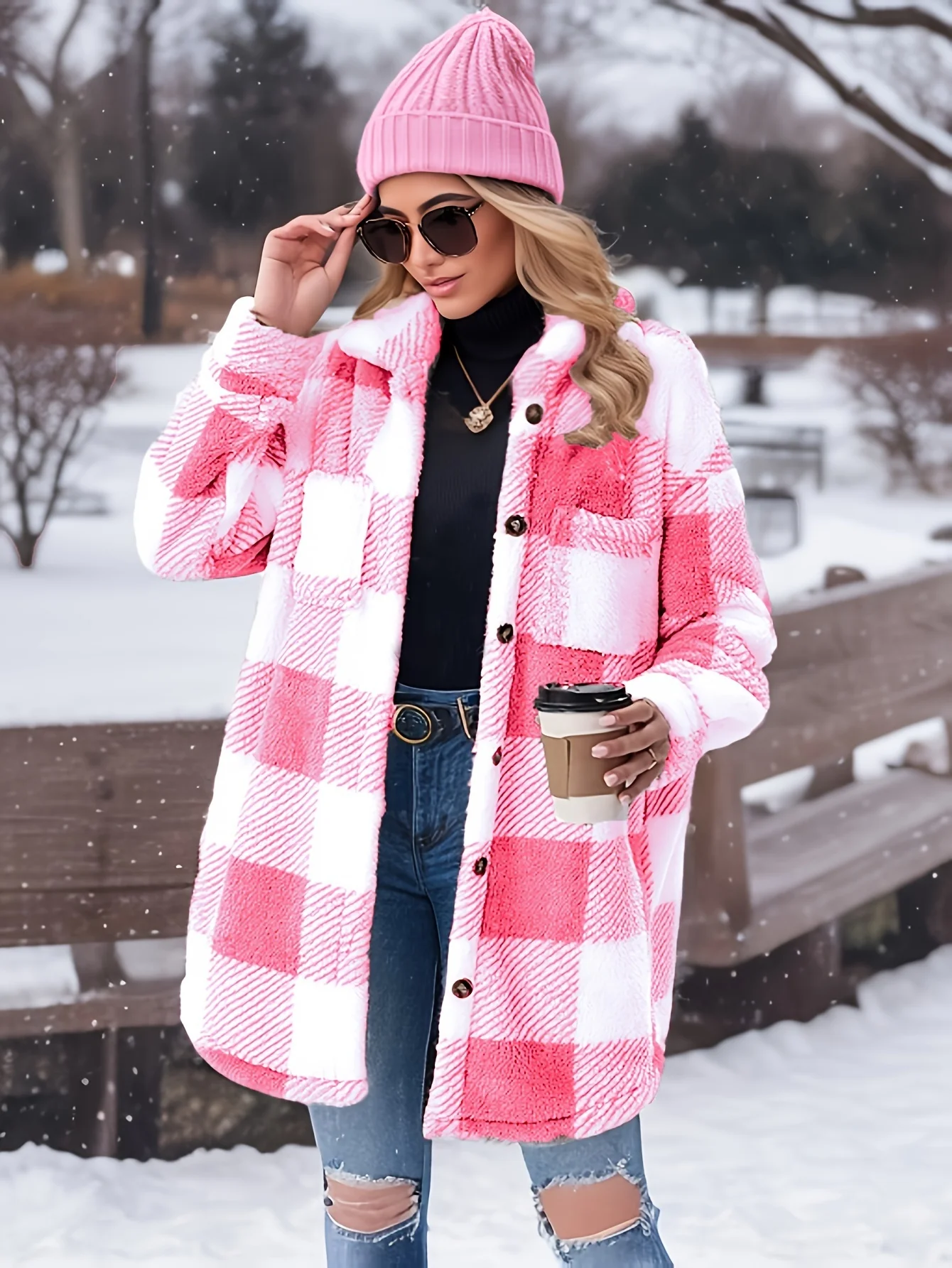 Plaid Pattern Button Front Fuzzy Coat, Elegant Long Sleeve Warm Outerwear For Fall & Winter, Women's Clothing