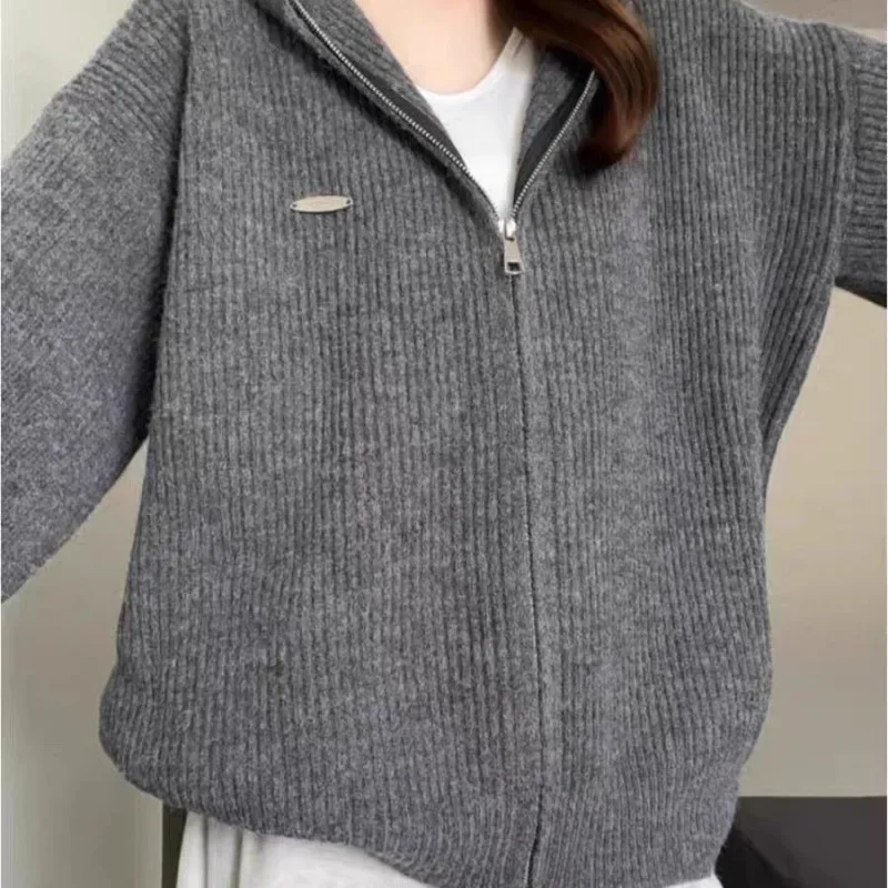 

Loose Sweater Jacket Versatile Zipper Top Women's Fashion Gray Hooded Knitted Open Cardigan Autumn Winter New Lazy Style