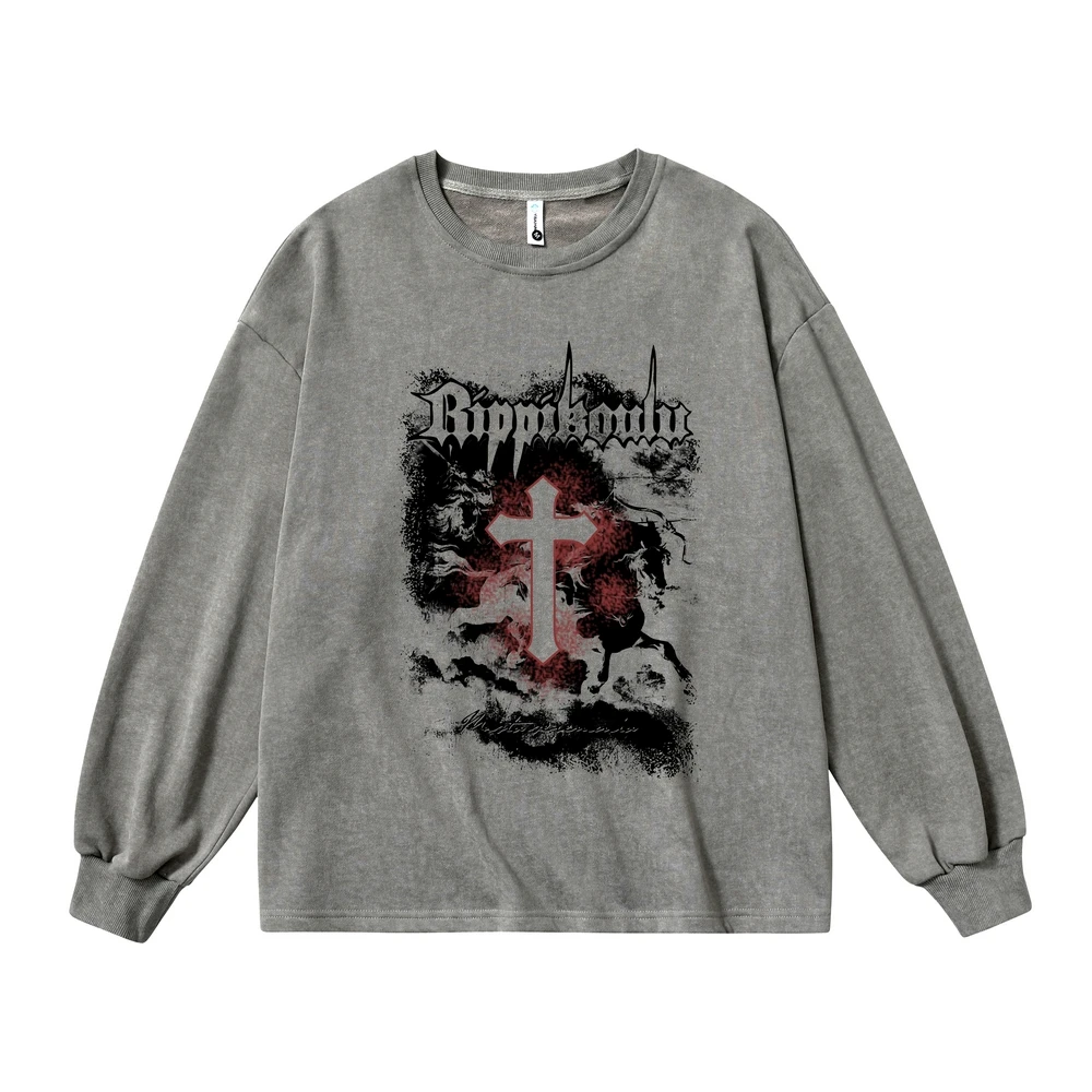 Cross Print Graphic Washed T Shirts Punk Clothes Vintage Men And Women Oversized Retro Tshirt Harajuku Long Sleeve 2022 Top Tees