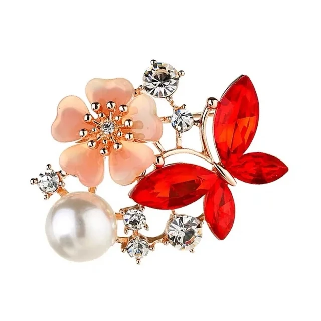 High-grade Crystal Butterfly Flower Brooch Female Pearl Pin Suit Accessories Clothing Accessories