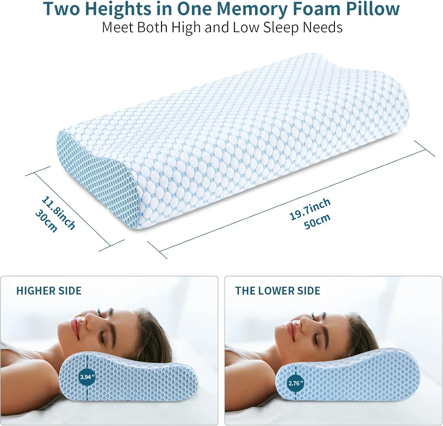 Cooling Cervical Pillow for Neck Pain, Memory Foam Adjustable Orthopedic Pillow for Side/Back/Stomach Sleepers (Blue)