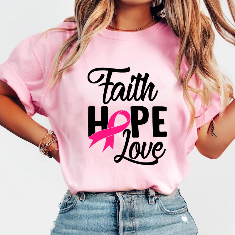 

Fashion Breast Cancer Awareness Faith Hope Love Print T-Shirt Casual Short Sleeve Graphic Tee Shirt Unisex Loose Harajuku T