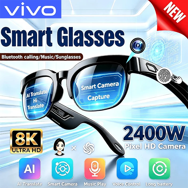 VIVO Smart AI Glasses 2400W 8K HD AI Translation Hands-Free Calling AI Chat Logging Music Playback Smart Glasses For Men 2027