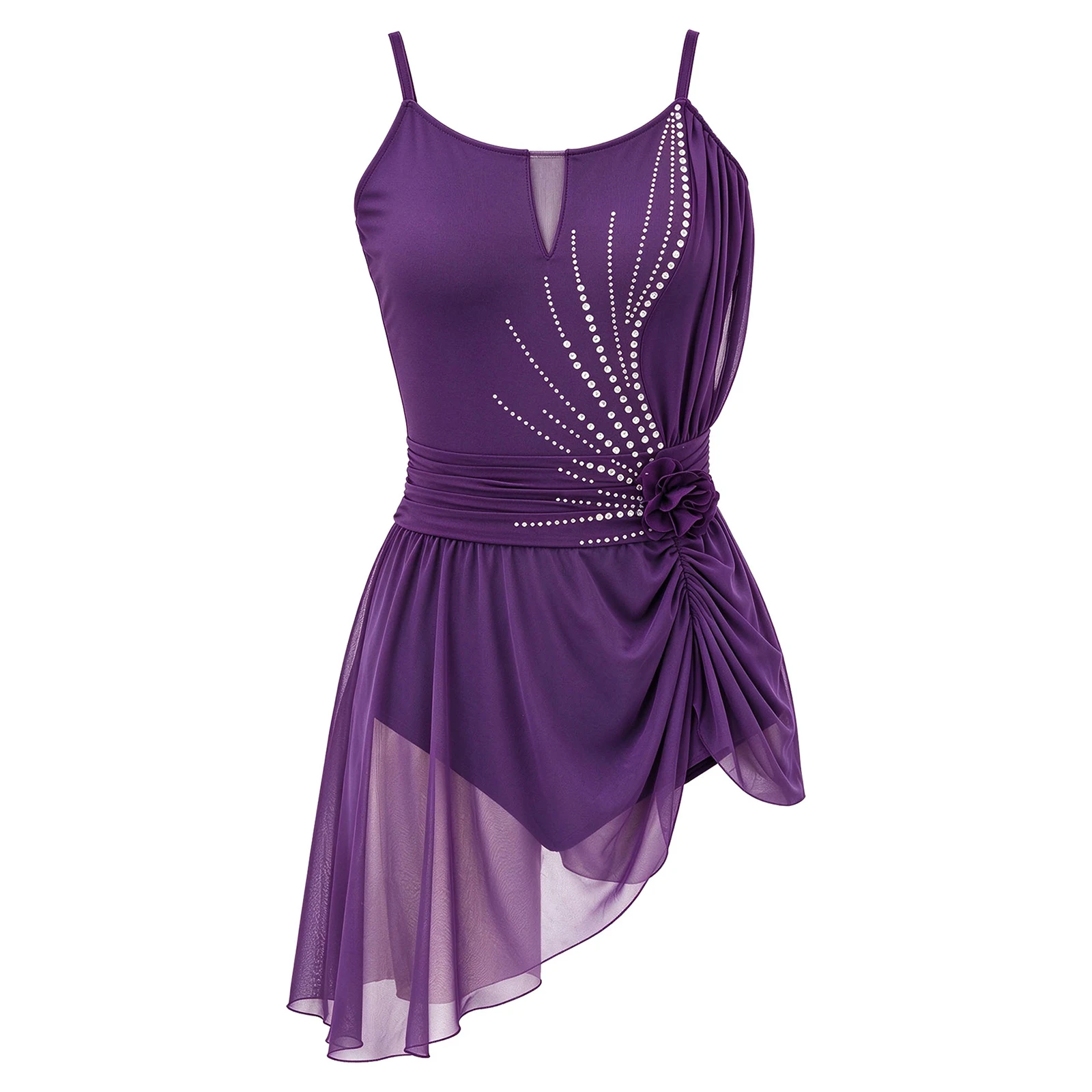 Women Ballet Dance Figure Skating Glittery Rhinestone Mesh One-piece Leotard Dress for Rhythmic Gymnastics Dance Performance