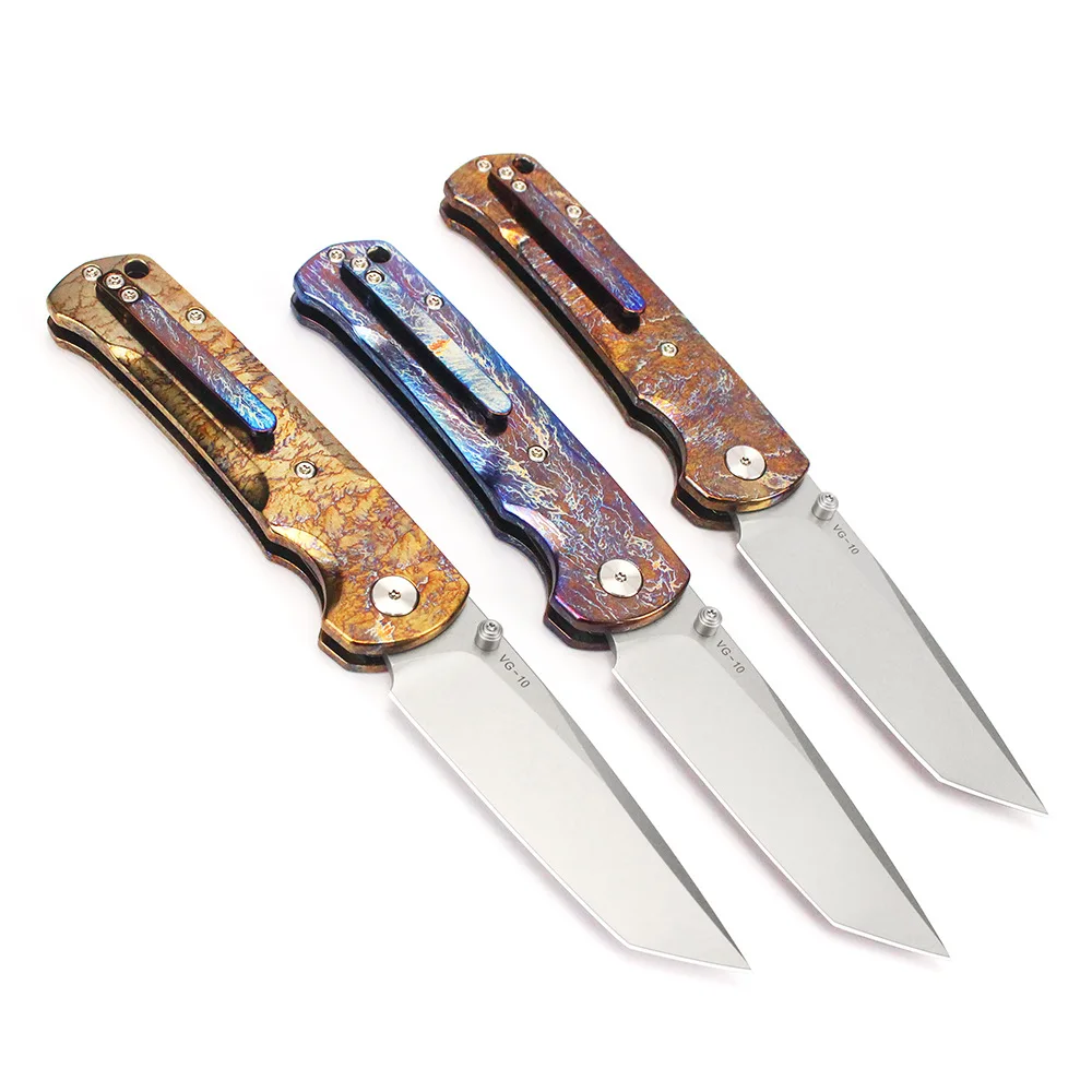 Original design, titanium burning process, titanium alloy handle, VG10 steel core, high-hardness outdoor EDC folding knife