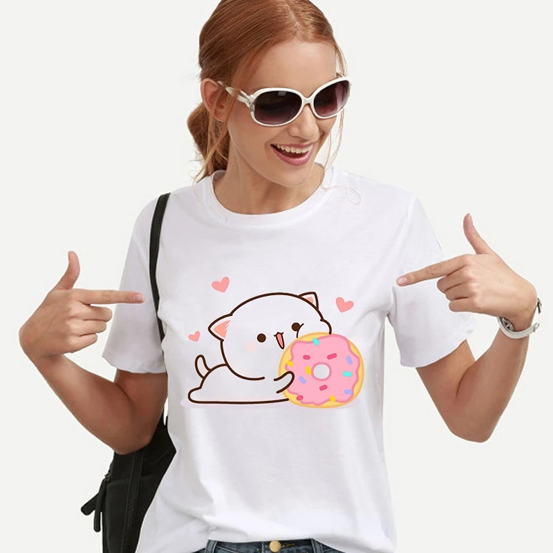 Kawaii Women Clothing Peach and Goma Mochi Cat Cartoon Print Tshirt Femme Korean Style Clothes Harajuku Shirt Tops Short Sleeve