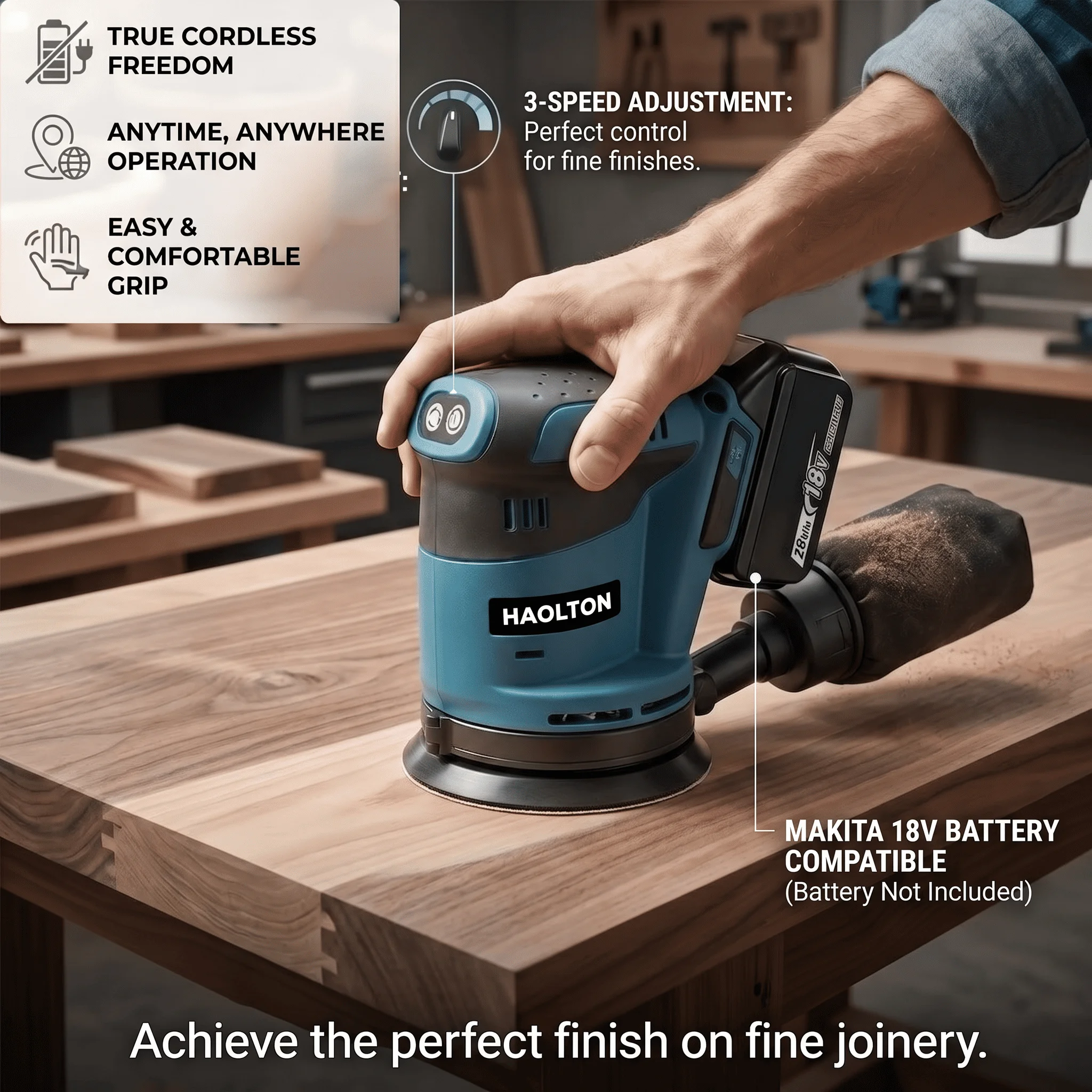 HAOLTON 5 Inch Cordless Random Orbital Sander, 3-Speed, Rechargeable Polisher, Woodworking, Fit Makita 18V 20V Battery, image 5