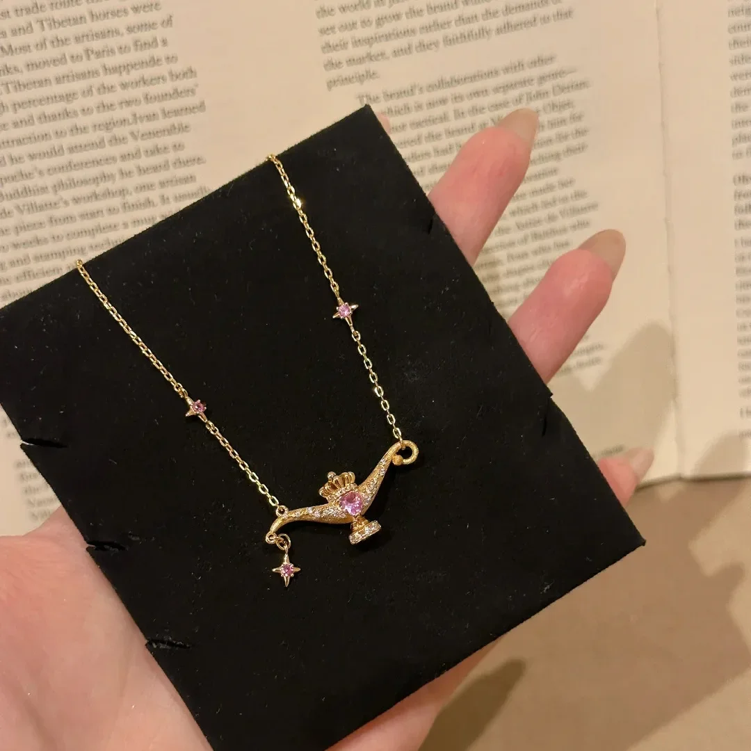 Retro Exquisite Jewelry Aladdin Lamp Design Gold Color Pendant Necklaces with Pink Zircon Clavicle Chain For Women