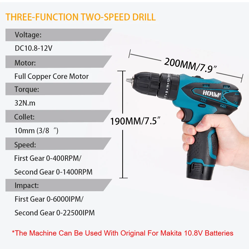 12V Cordless 32N.m Electric Screwdriver 3 in 1 Electric Drill Driver Lithium Battery Dual Speed Impact Screwdriver Power Tool