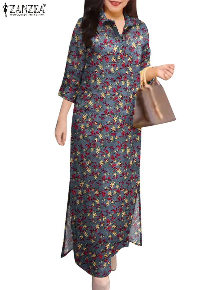 ZANZEA Vintage Women 3/4 Sleeve Lapel Neck Sundress Cotton Shirt Dress 2025 Autumn Fashion Floral Print Dresses Bohemian Vestido