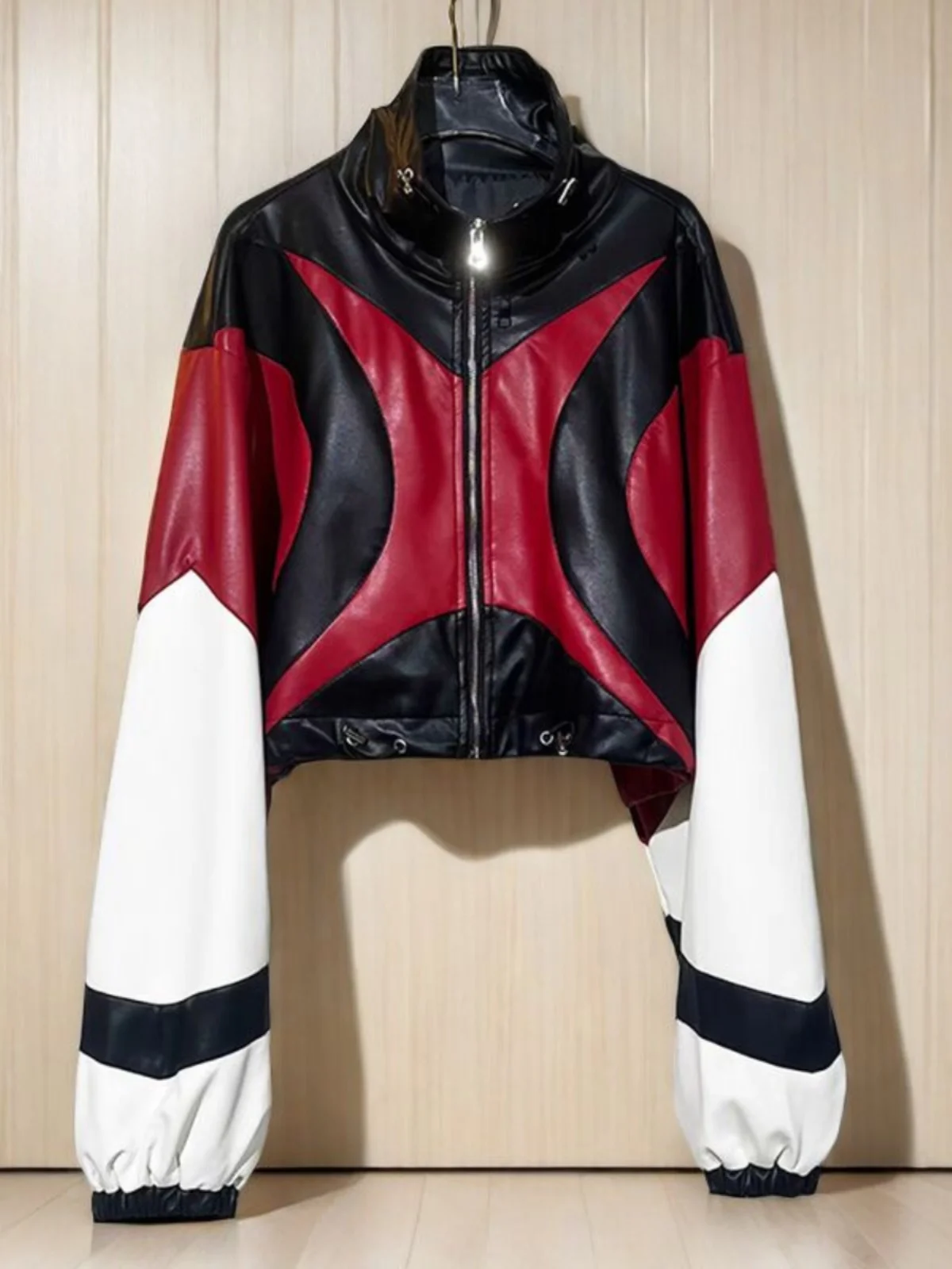 

American Retro Bla Red Splice Color Leather Jaet ort Outerwear Oversize Lazy Sle Baseball orm Women Spring Hot