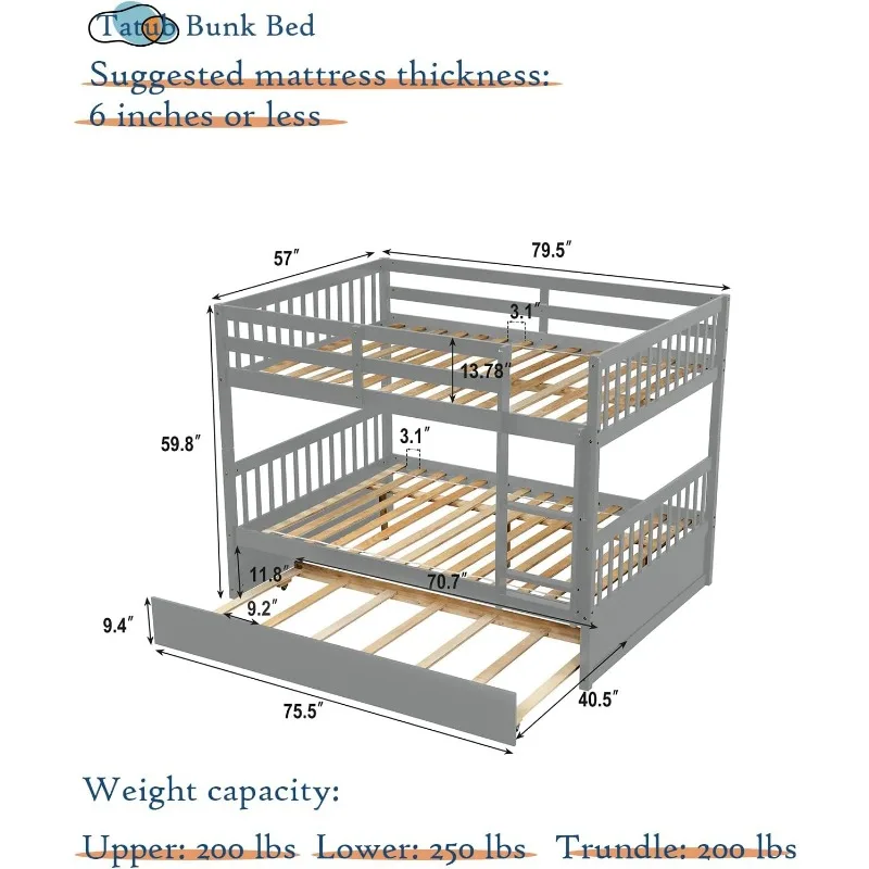 Bunk Bed with Trundle, Pine Wood Frame, Ladder and Guard Rails, Solid Bunk Bed with Trundle for Kids, Teens, Adults,