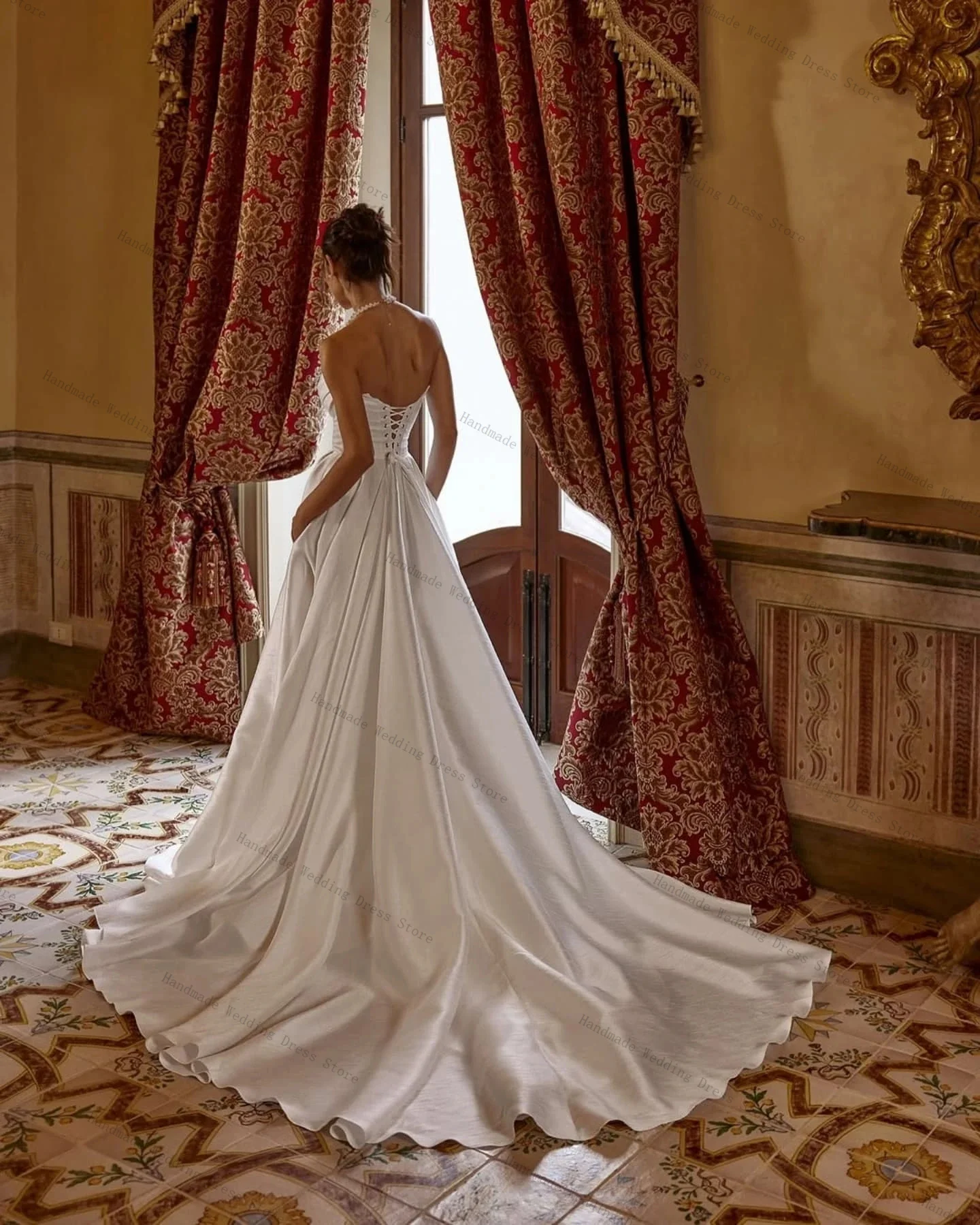 Robe de mariée ligne A blanche pour femmes, Sexy, sans bretelles, sans manches, en Satin, Robe de soirée personnalisée, style Boho, Robe de jardin, dos à lacets