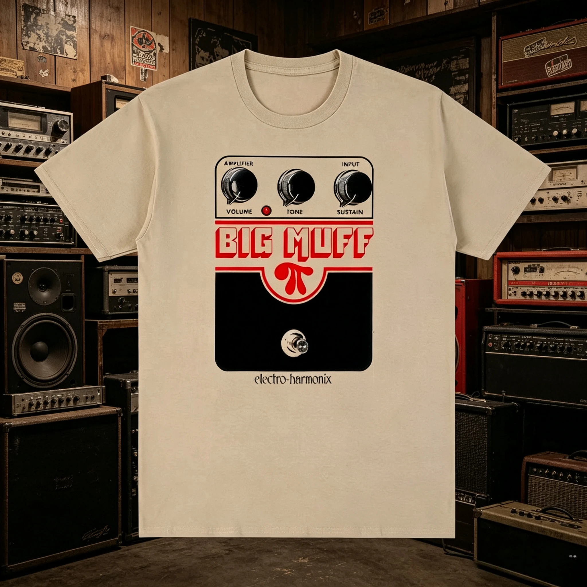 Audio Music Effect - Unisex Vintage Gitaarpedaal Grafisch T-Shirt Khaki