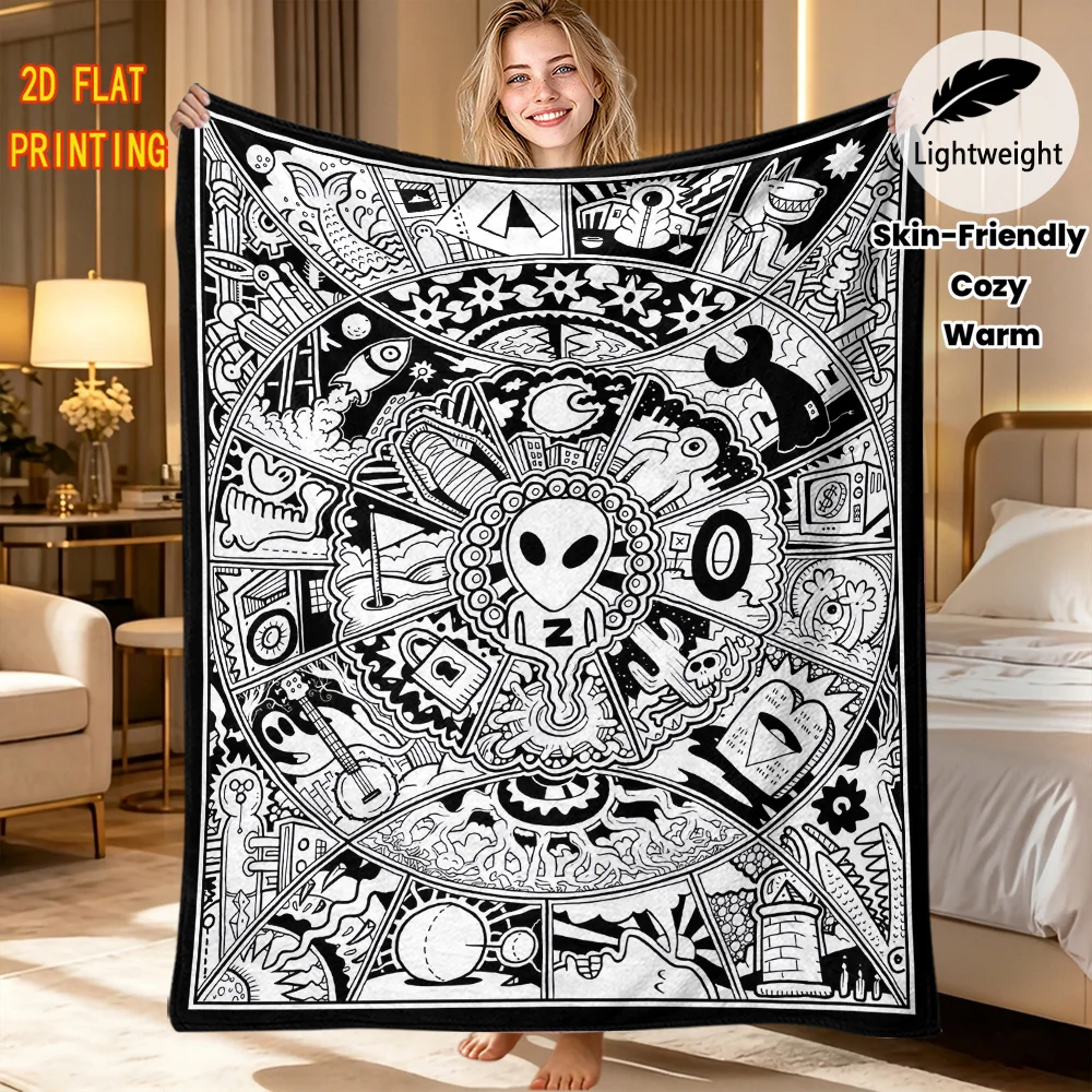 Soft Cozy Flannel Blanket Full Print Doodle Sketch Cartoon Design, Lightweight DIY blanket for Couch Bedroom Holiday Present