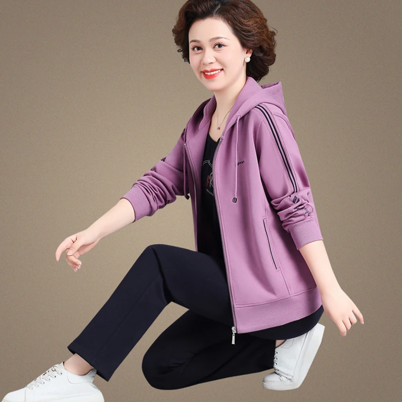 

Элитный повседневный спортивный костюм с капюшоном для женщин среднего возраста: модные длинные брюки из смесового хлопка на молнии для весны и осени