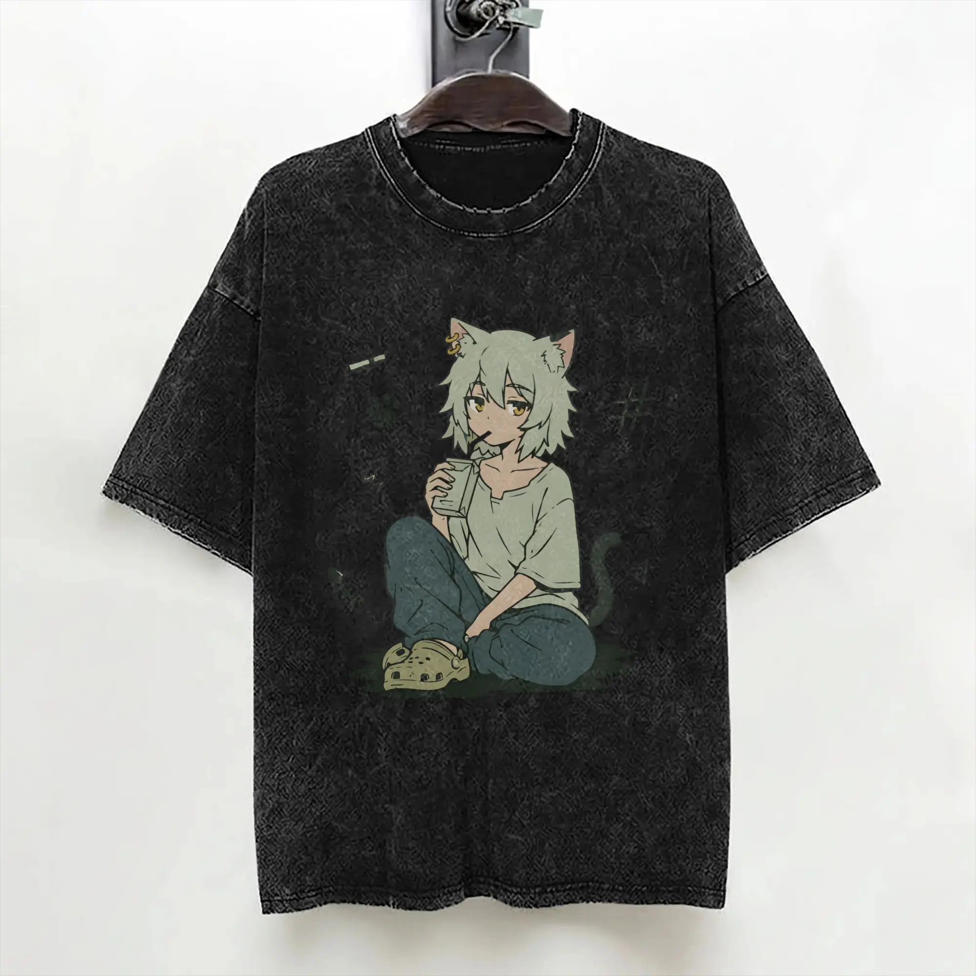 Chainsmoker Cat Yani Neko Anime T Shirt Washed 100% Cotton Harajuku T-Shirts  Vintage for Men Women Streetwear Summer Tops Tees
