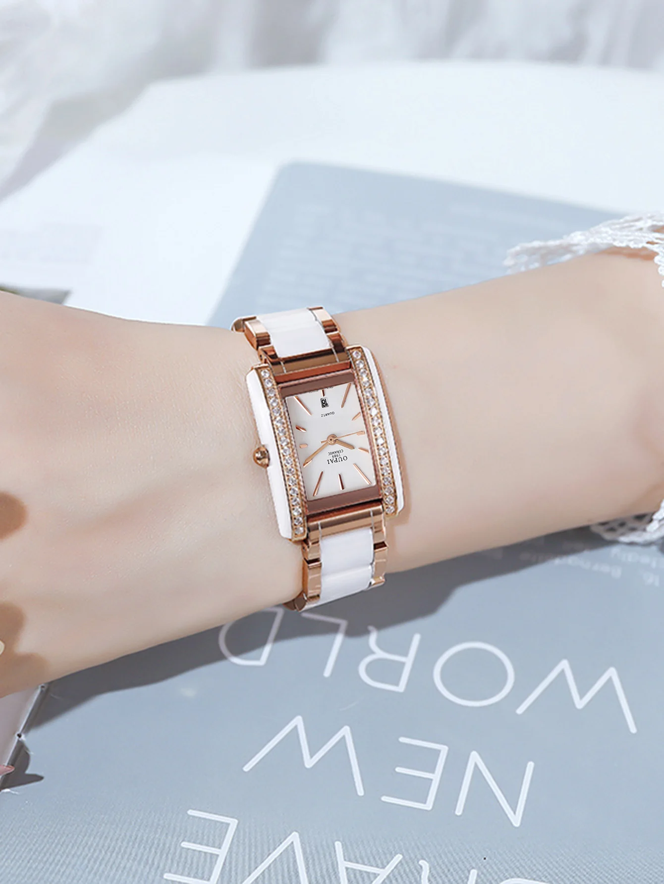 Прямоугольный циферблат Oupai, нержавеющая сталь между, белым керамическим ремешком, женский дисплей даты, кварцевый набор с бриллиантами, царапины-ре